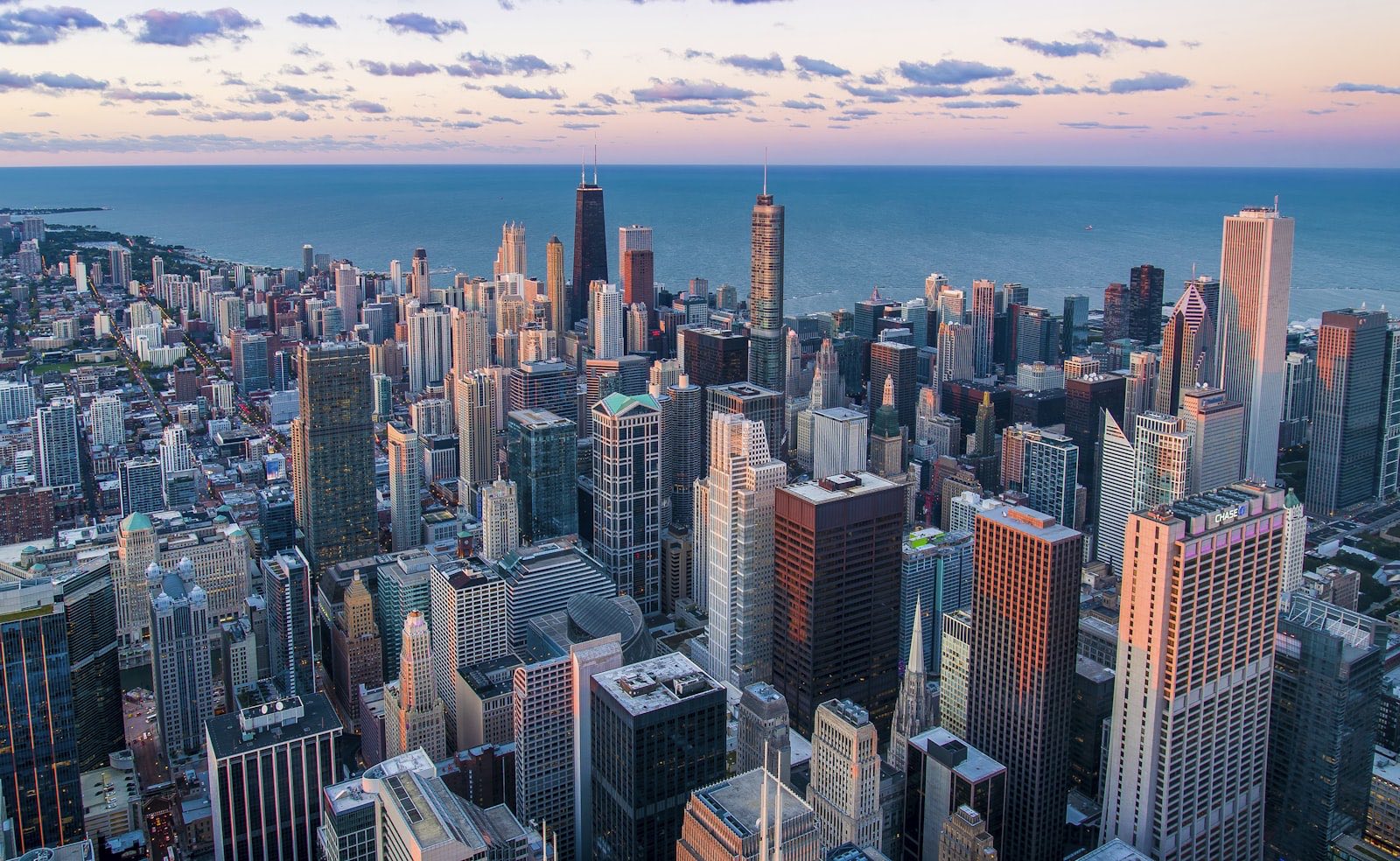 Aerial view of a city at dusk